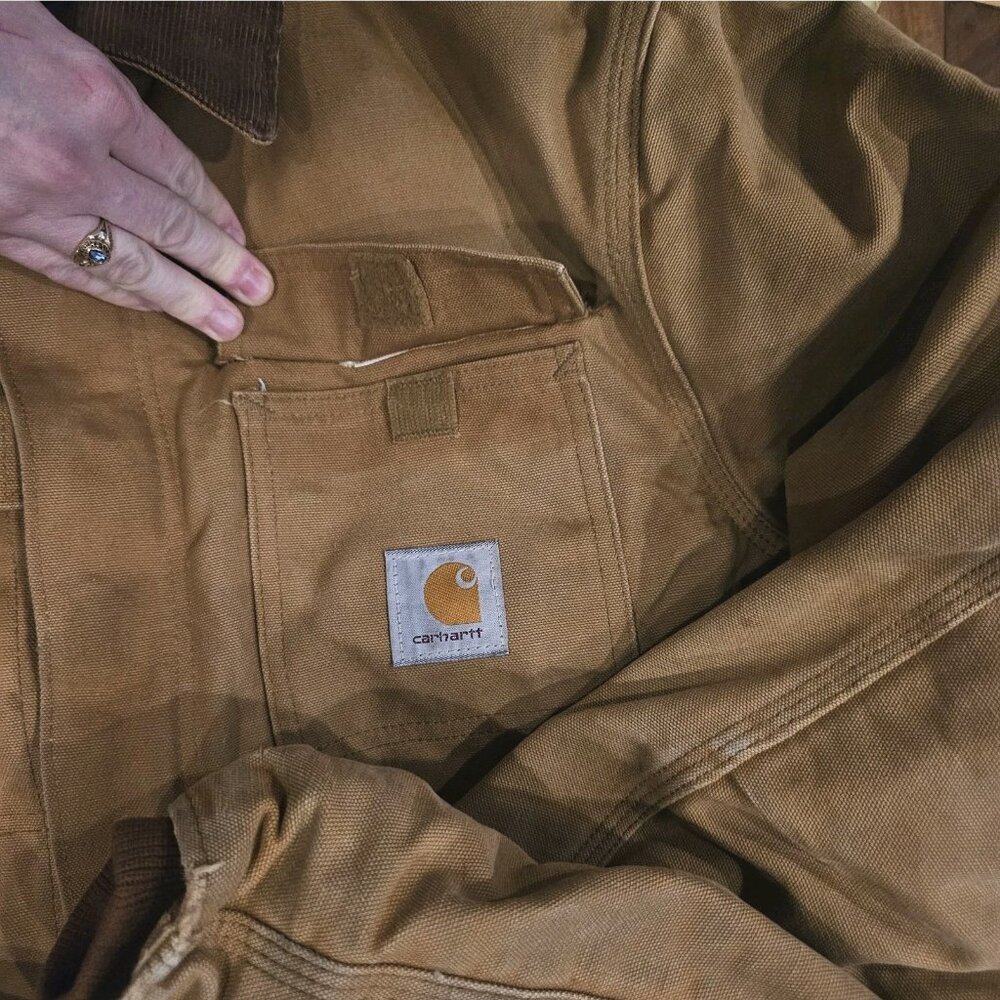 VTG CARHARTT Chore Coat Hooded Tan Canvas CQ196 Sz 42 Tall Large‎ Broke Zipper - Picture 16 of 16